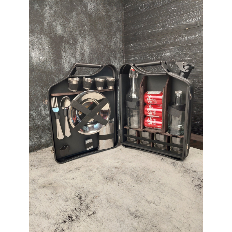 Міні бар каністра чорна на 20л. з посудом в подарунок для чоловіка / Подарунковий набір хлопцю, начальнику